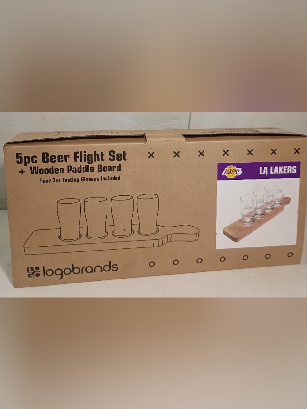 NIB Logo Brands Los Angeles Lakers 5pc Beer Flight Set Wooden Paddle & 4 Glasses